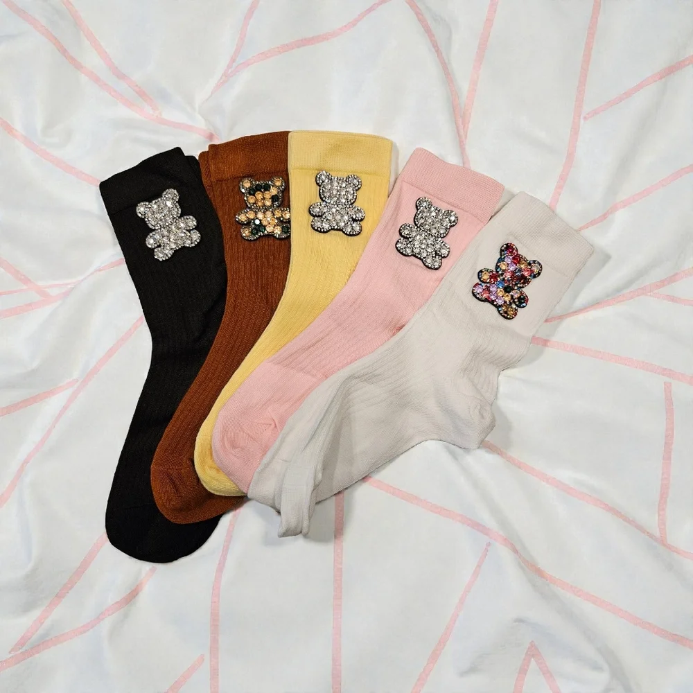 Women's Crew Socks w/Crystal Bears in Black, White, Yellow, Pink, or Rust